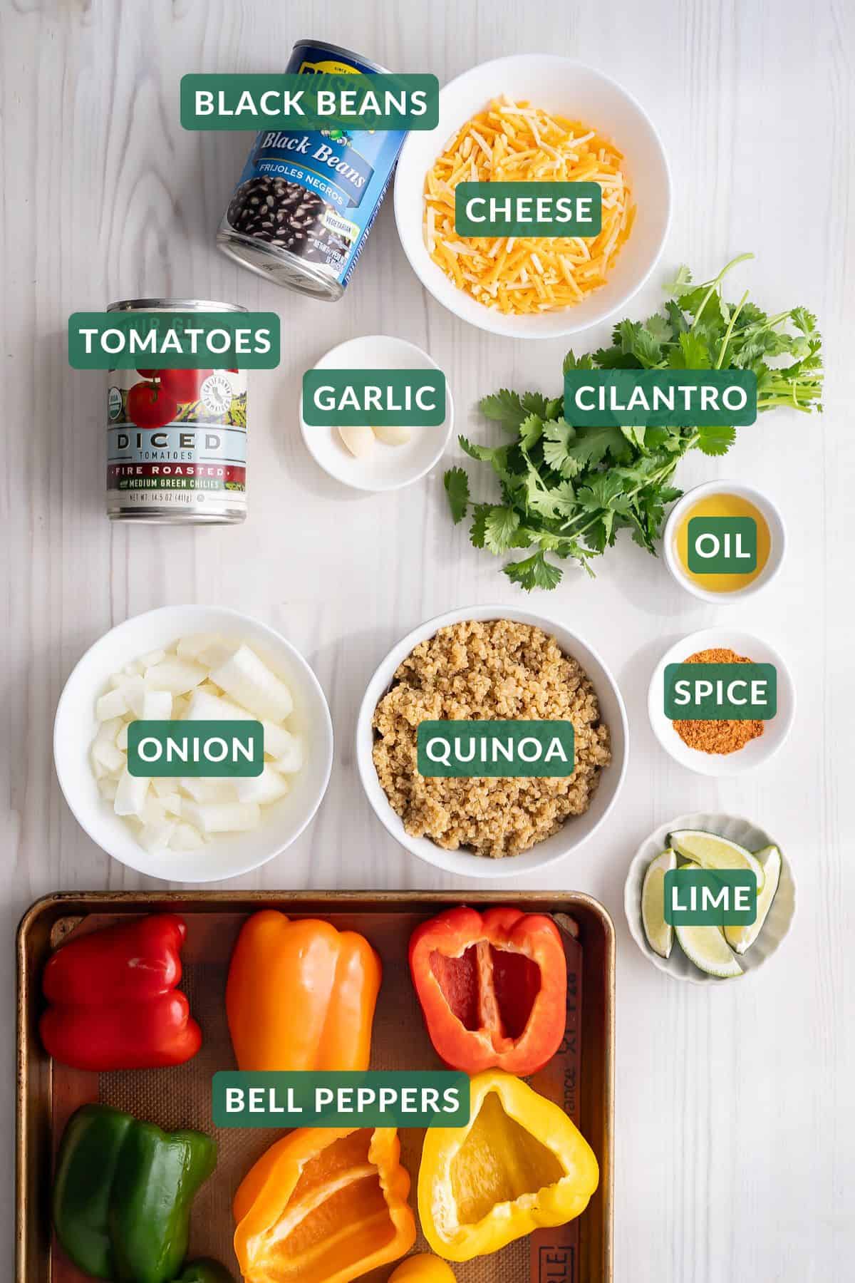 The simple ingredients needed to make vegetarian quinoa stuffed peppers.