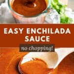 A spoon dripping homemade enchilada sauce into a liquid measuring cup to show the thickness.