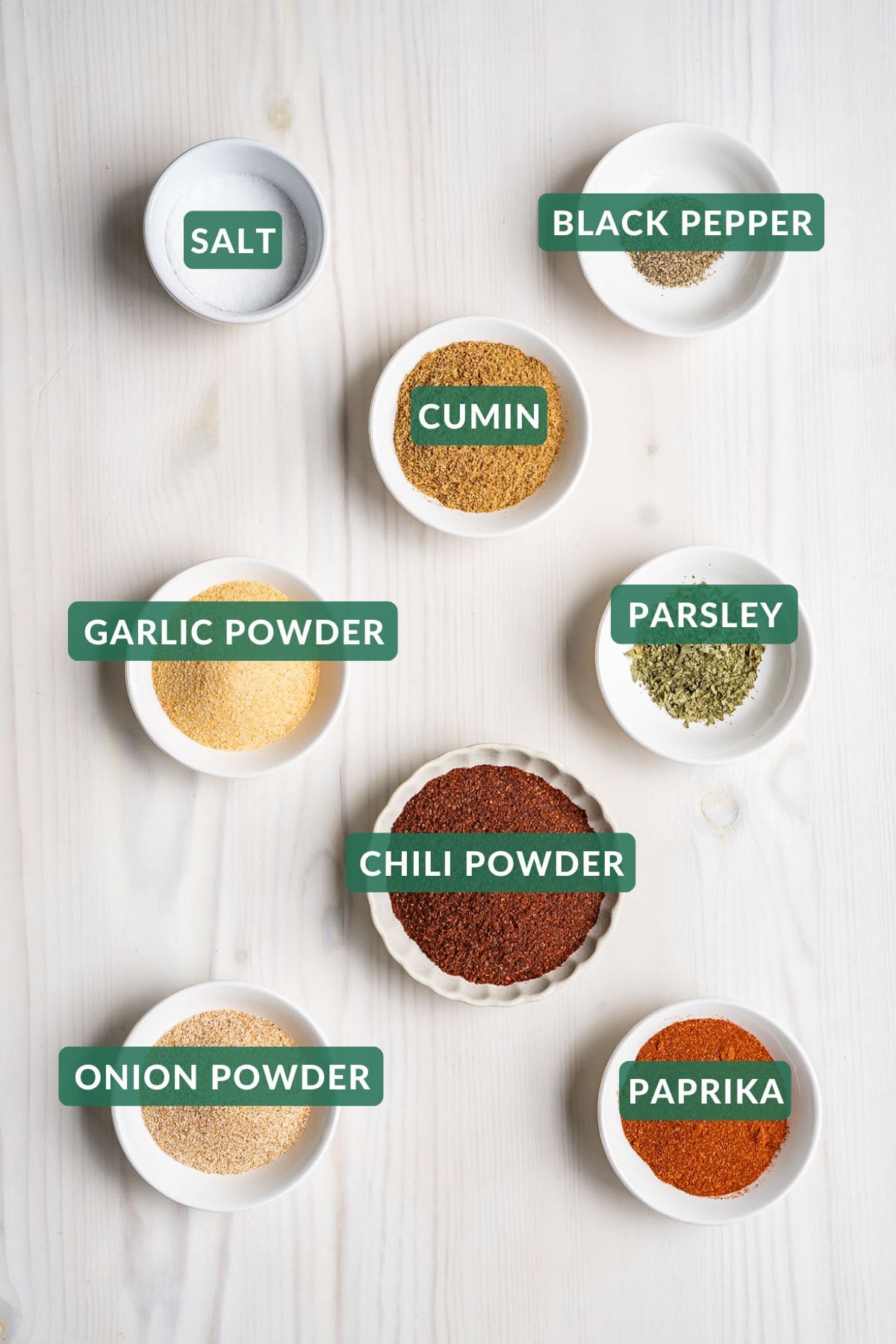 The individual spices in this homemade taco seasoning mix.