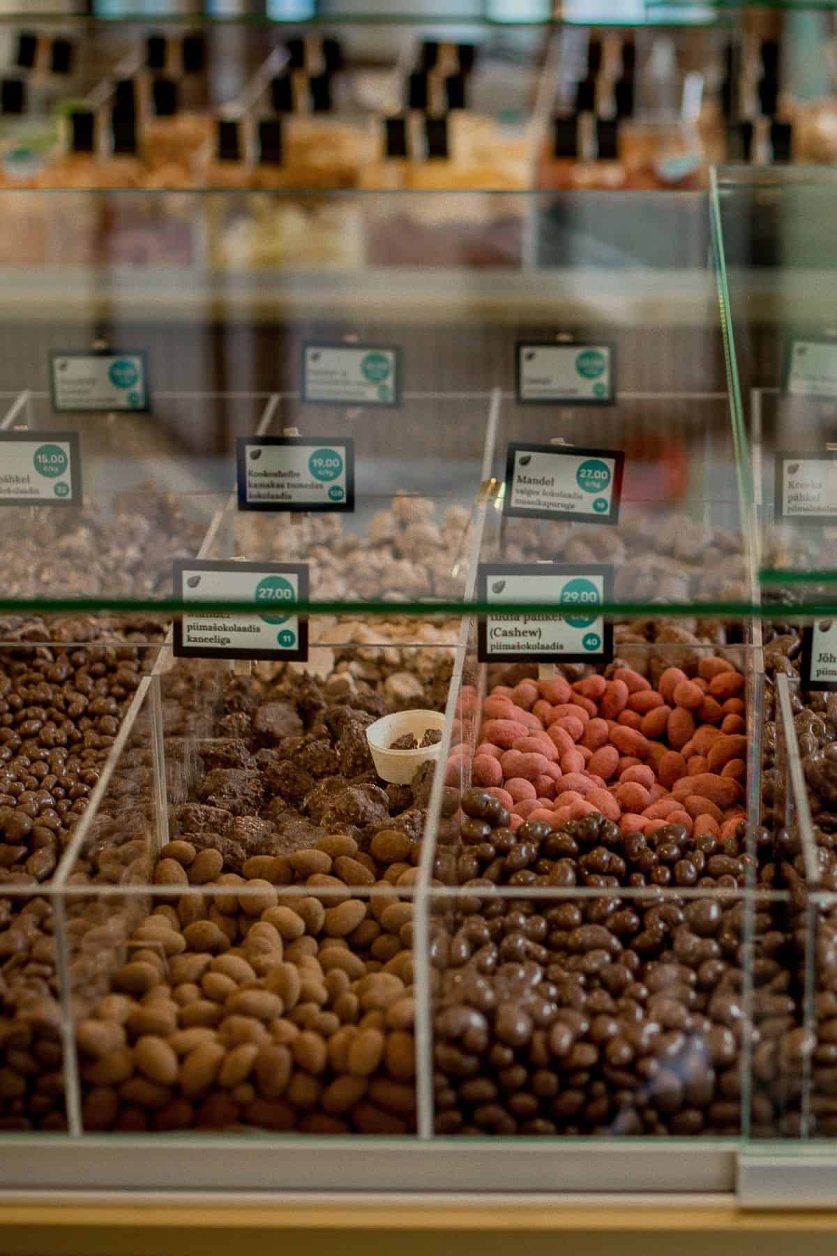 Beans in bulk bins at the grocery store.