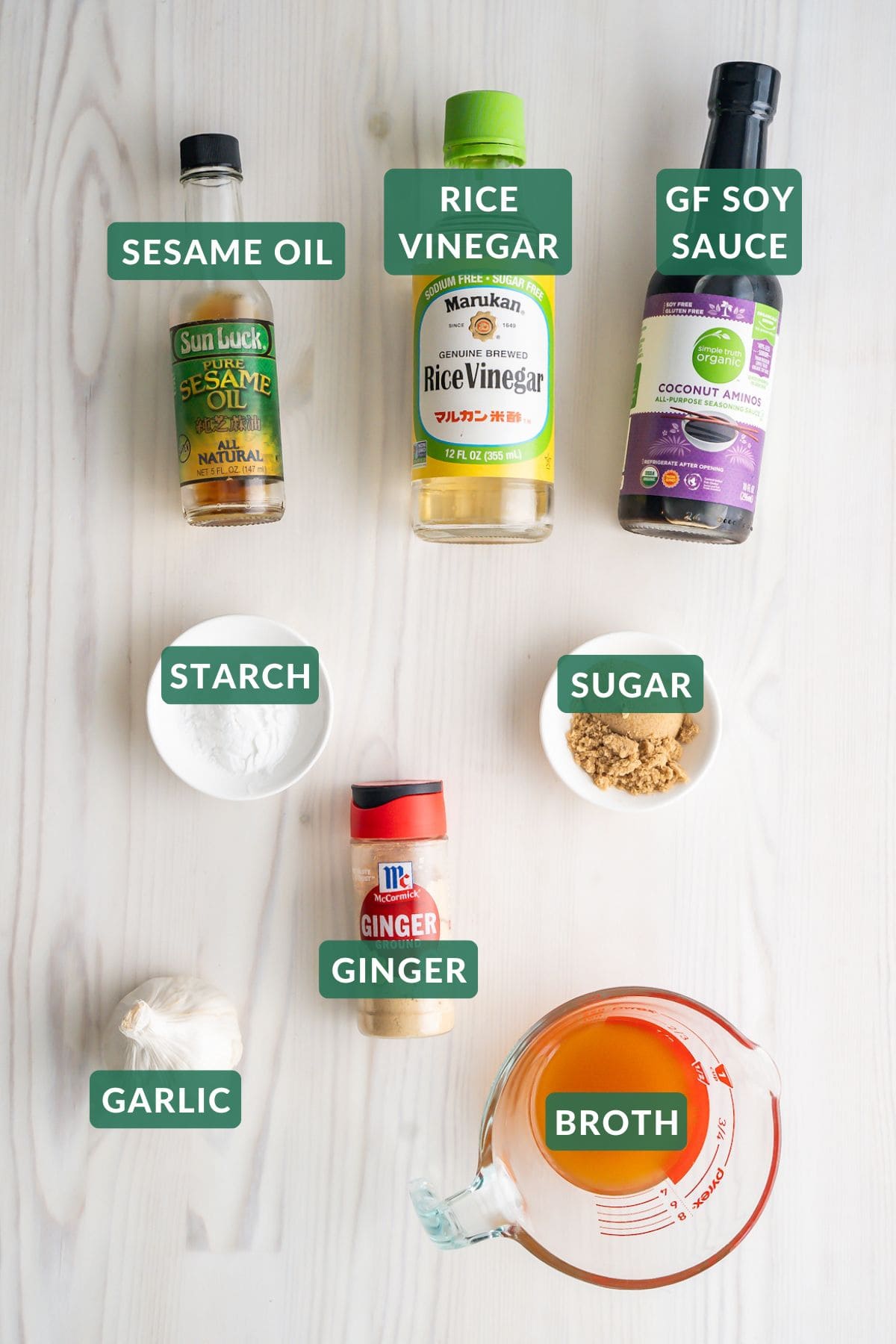 The ingredients needed to make an easy gluten-free stir-fry sauce.
