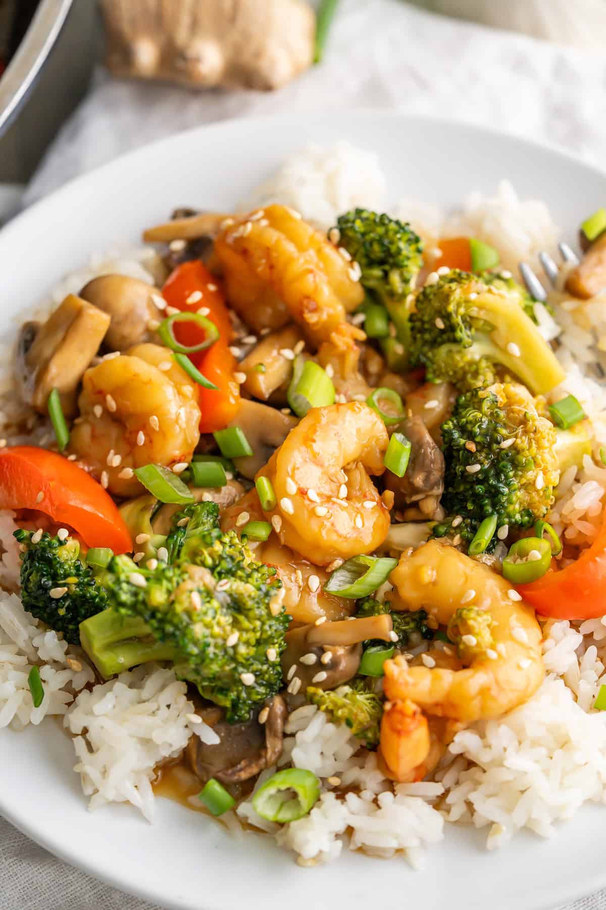 A close up of the tender shrimp in the shrimp stir-fry.