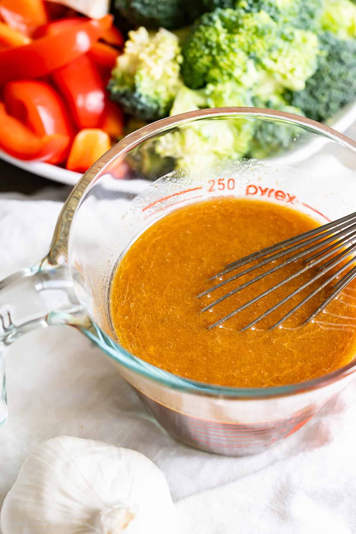 A close up of the stir-fry sauce to show the golden brown color.
