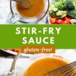 A stir-fry sauce with whisk beside a plate of stir-fry vegetables