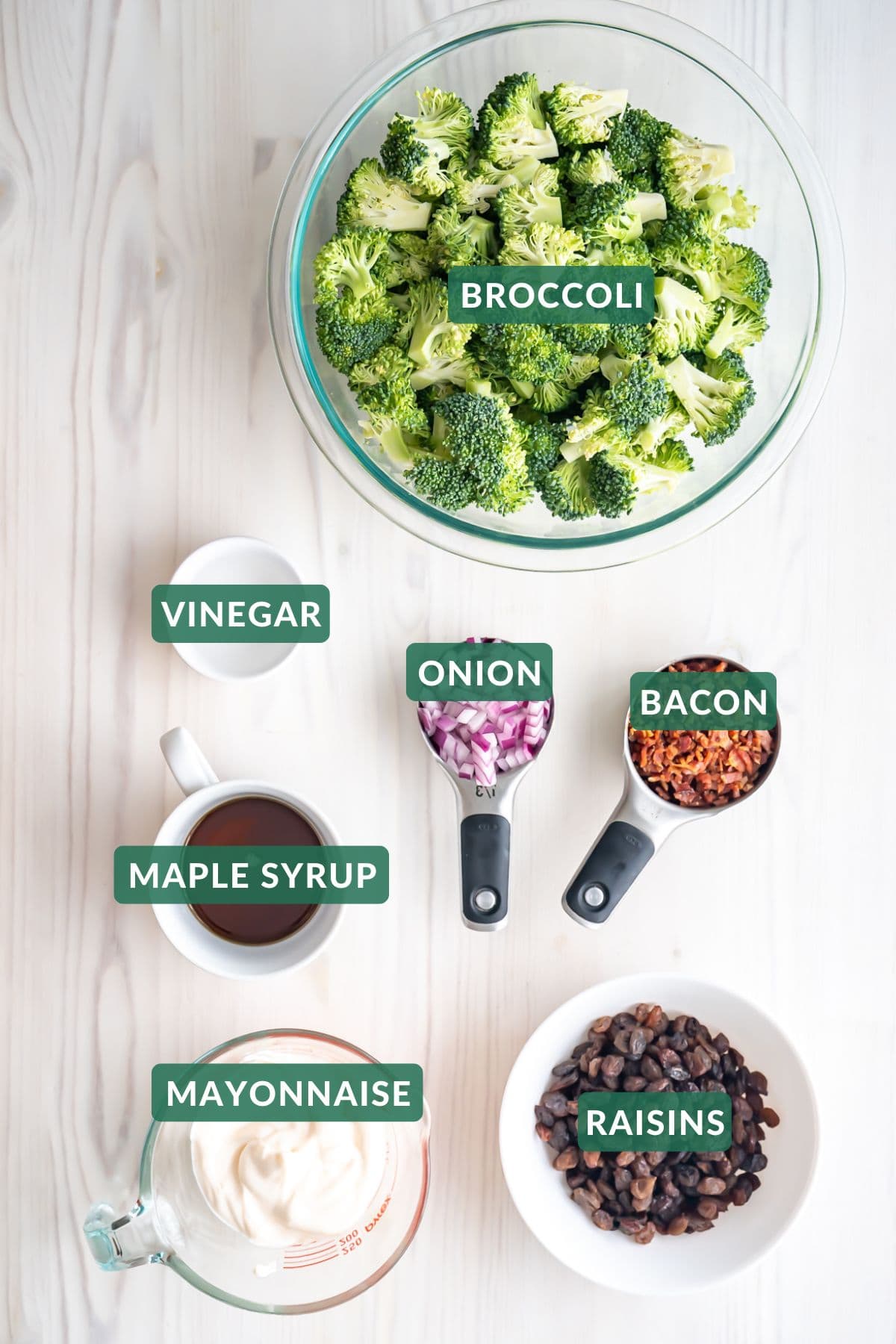 The ingredients needed to make broccoli raisin salad with bacon.