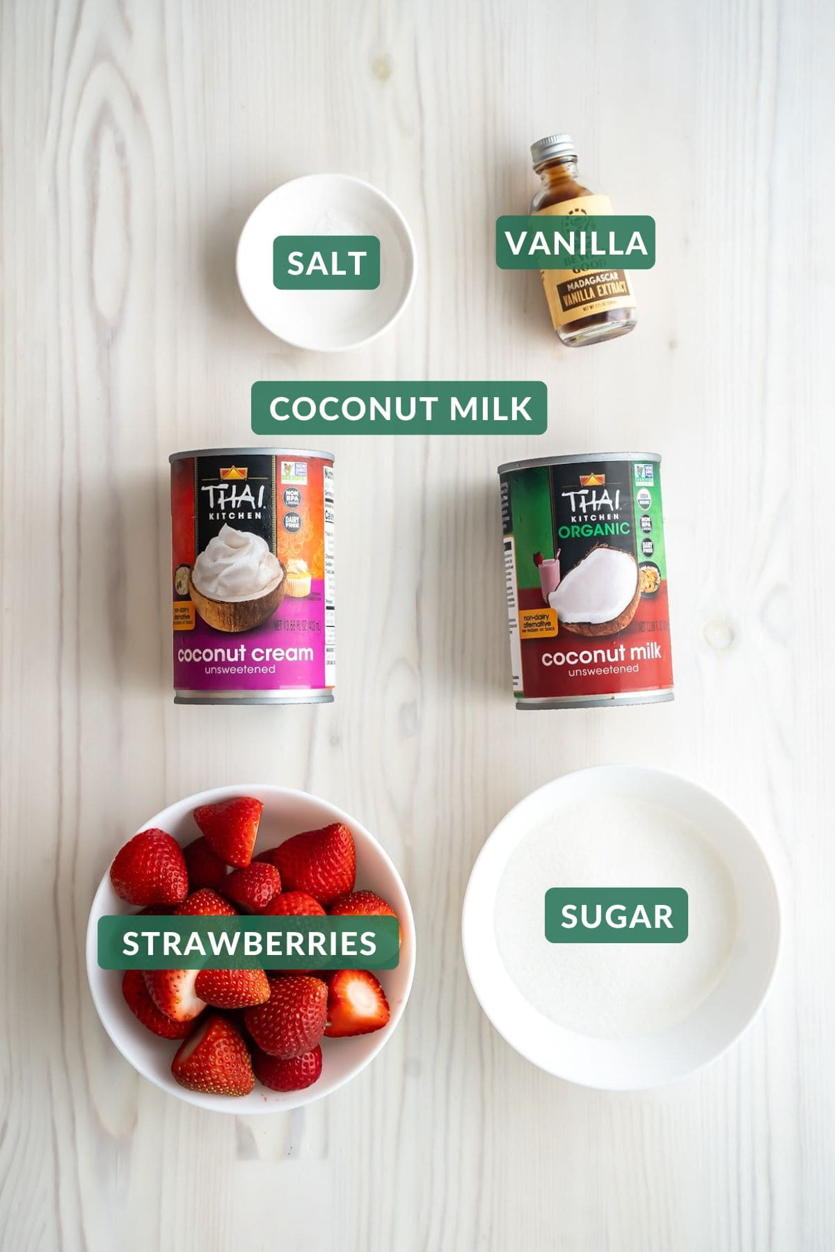 The ingredients needed to make dairy-free strawberry ice cream with a coconut base.