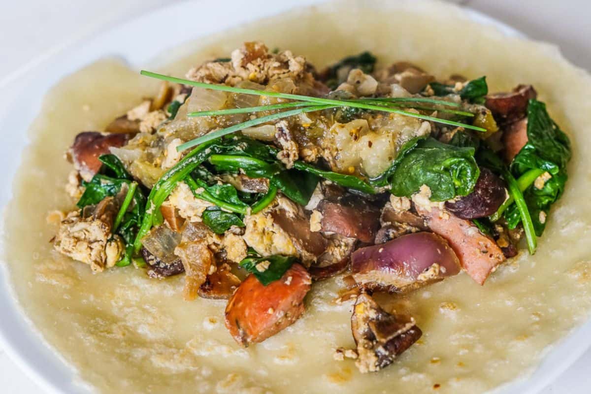 A tapioca flour crepe with a savory egg scramble filling.