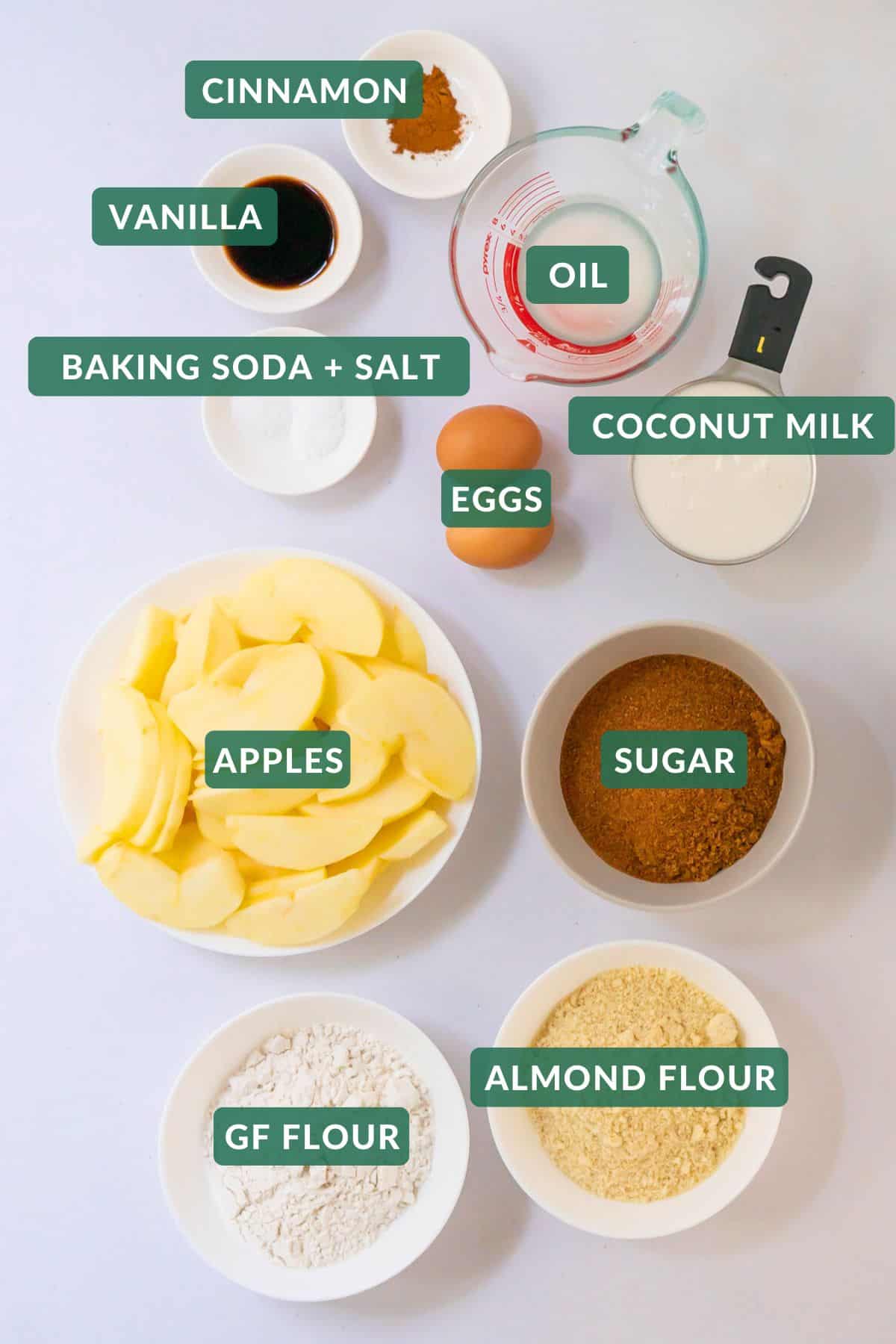 The ingredients needed to make gluten-free apple coffee cake with almond flour.