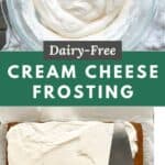 Creamy dairy free cream cheese frosting swirled in a bowl and smeared across pumpkin bars.