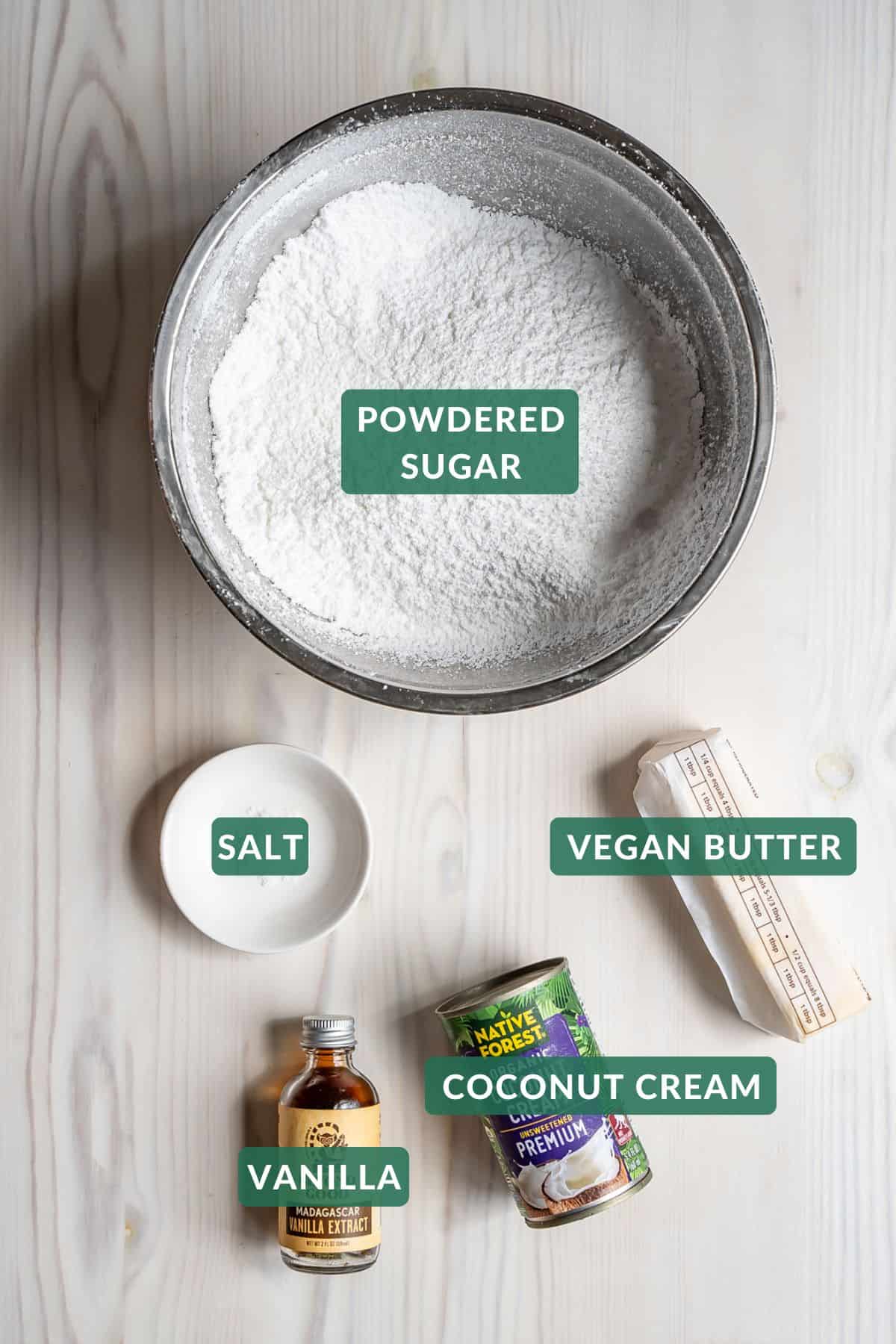 The five common ingredients needed to make dairy-free cream cheese frosting.