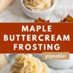 A piping bag and piped maple buttercream rose.