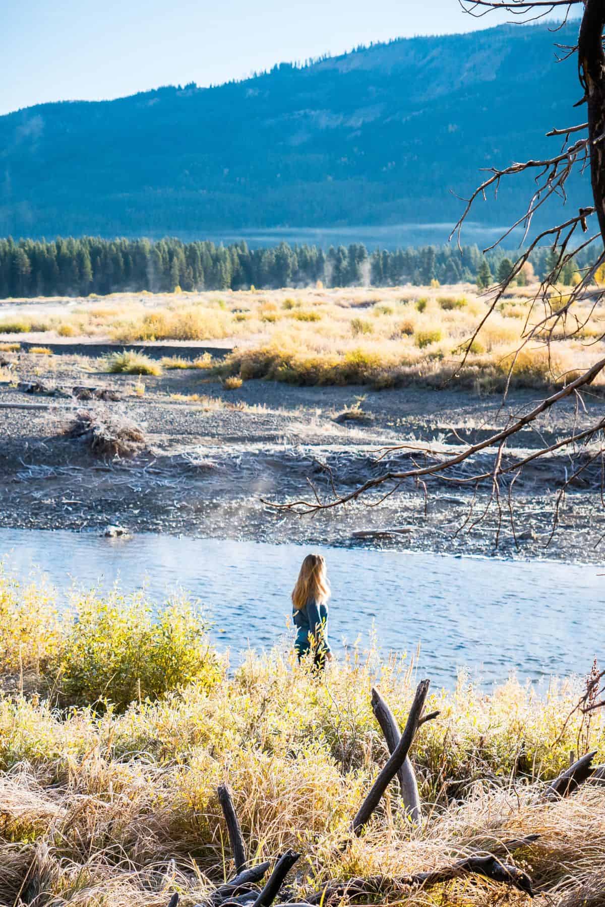 The author standing beside a river with a mountain ridge in the background and a glowing yellow and green field.