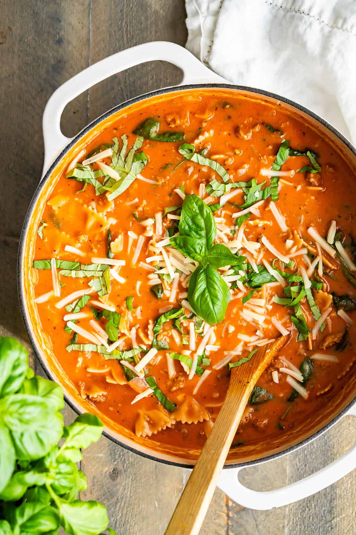 A dutch oven full of lasagna soup made all in one pot.