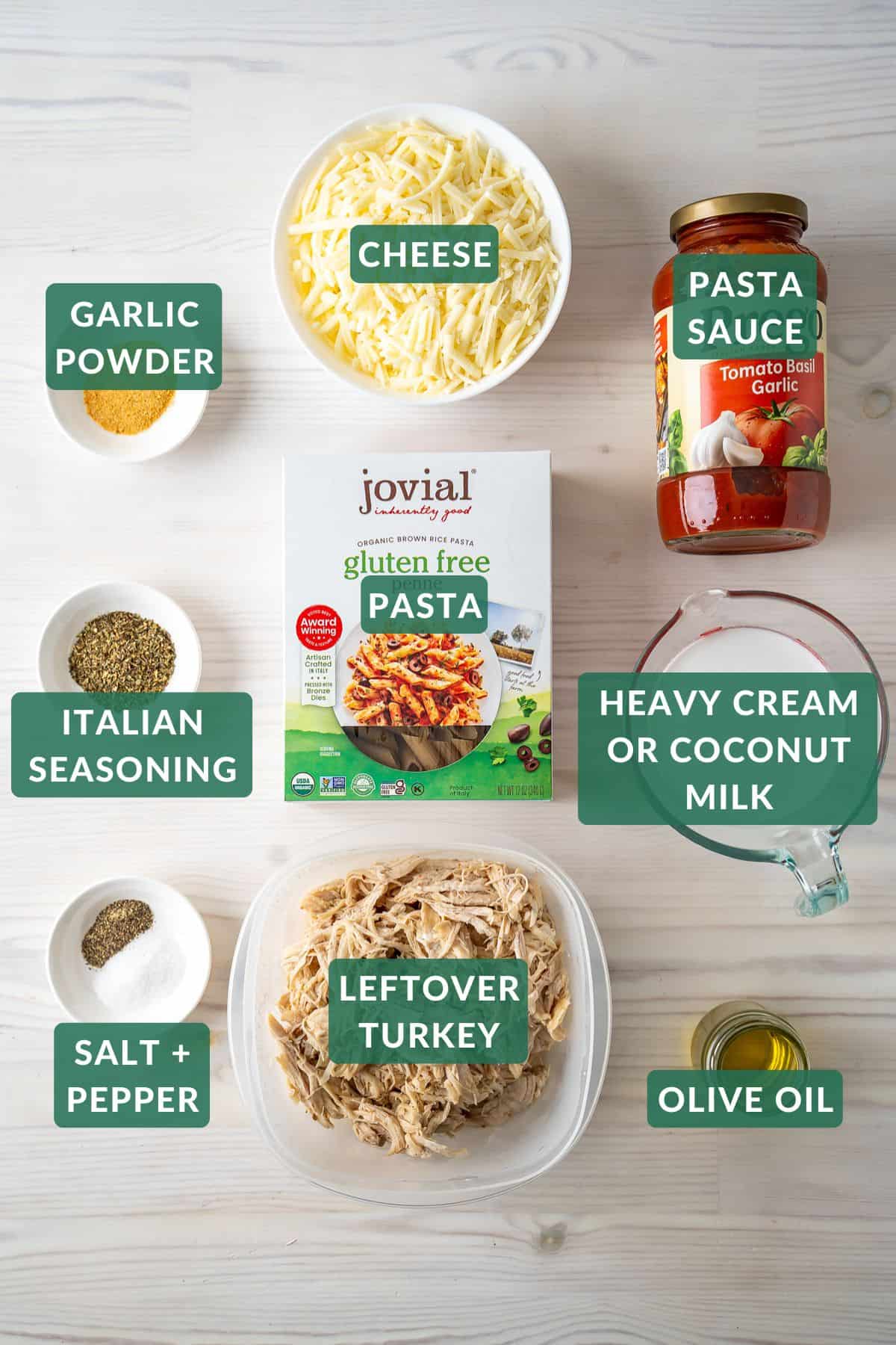 The ingredients needed to make leftover turkey baked ziti.