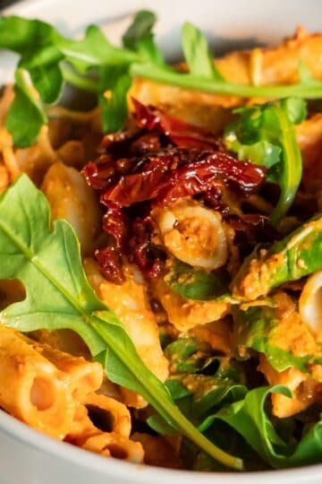 A bowl of pasta with a creamy red sauce, topped with sun-dried tomatoes and arugula.