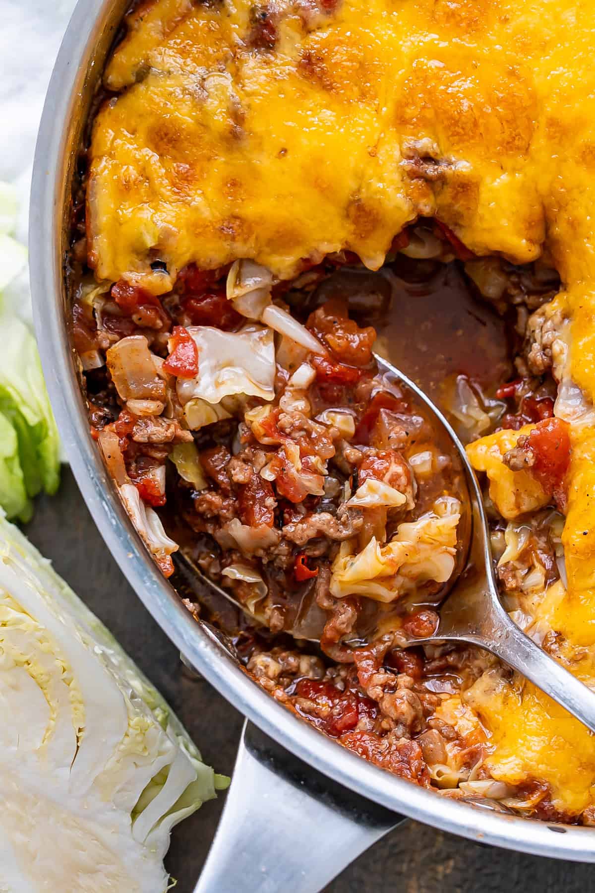 A scoop of filling from the cabbage roll skillet.