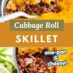 Pictures of the layers of a cabbage roll skillet showing classic ingredients topped with a bubbly cheese layer.