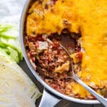 A scoop of filling from the cabbage roll skillet.