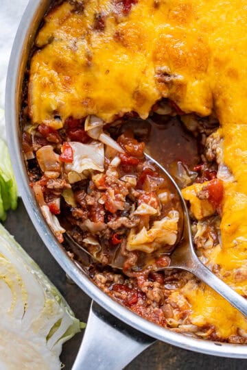 A scoop of filling from the cabbage roll skillet.