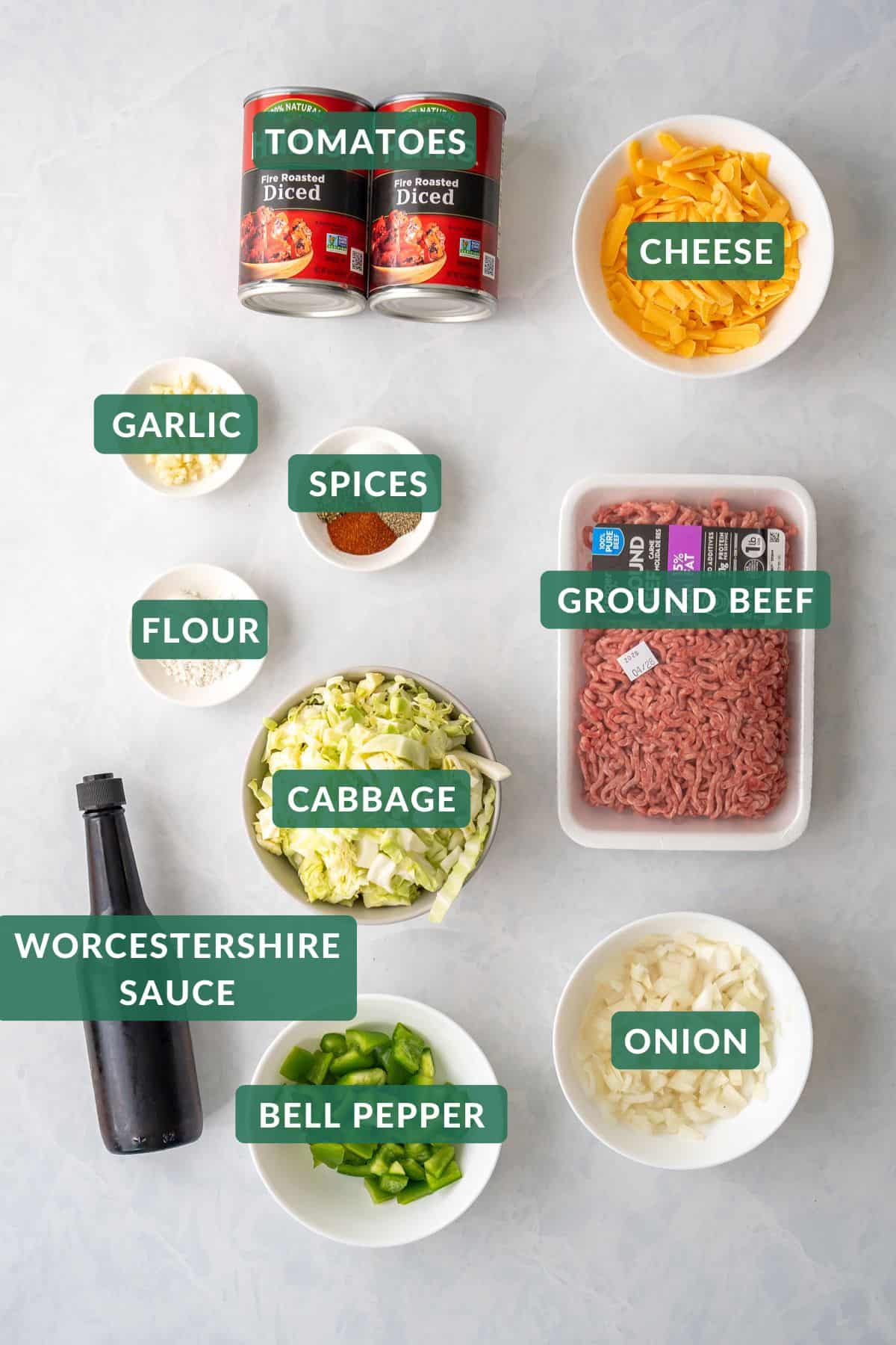 The ingredients needed to make a cabbage roll skillet.